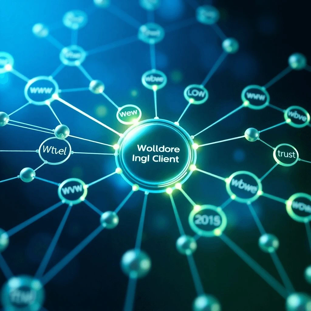 Red de nodos interconectados representando sitios web, con líneas luminosas conectándolos a un hub central que representa el sitio del cliente. La escena transmite la construcción de autoridad mediante link building estratégico. Esquema de colores predominante azul y verde con acentos luminosos.